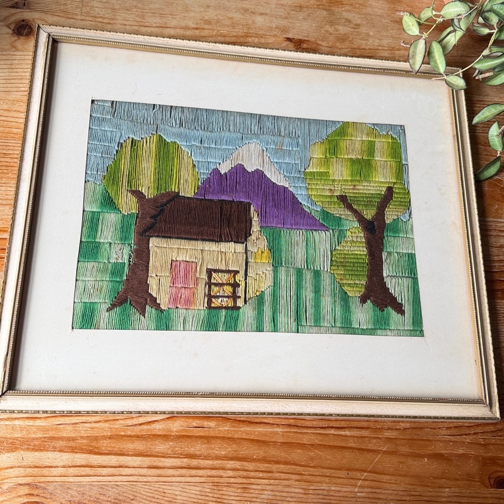 Vintage Embroidered Framed Landscape Art